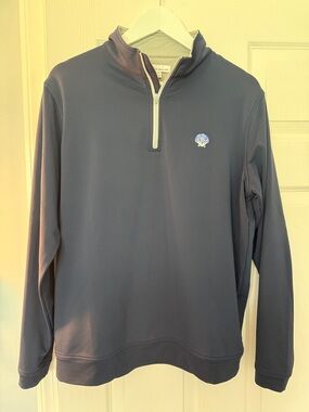 Peter Millar Navy Blue Quarter-Zip Sweater with Shell Logo